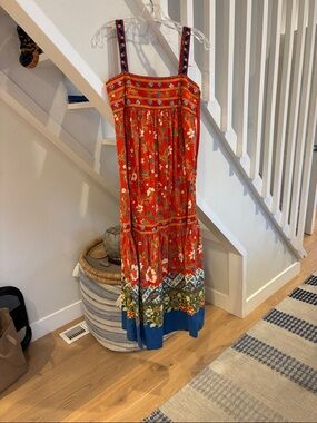 Tory Burch Red Floral Maxi Dress with Blue Trim
